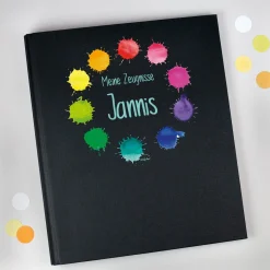 Dokumentenmappe aus Leinen personalisiert mit Name und Wunschtext | Farbkleckse-Motiv und Farbauswahl