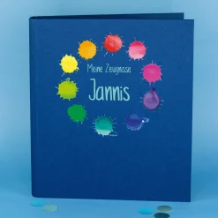 Dokumentenmappe aus Leinen personalisiert mit Name und Wunschtext | Farbkleckse-Motiv und Farbauswahl