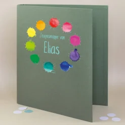Dokumentenmappe aus Leinen personalisiert mit Name und Wunschtext | Farbkleckse-Motiv und Farbauswahl