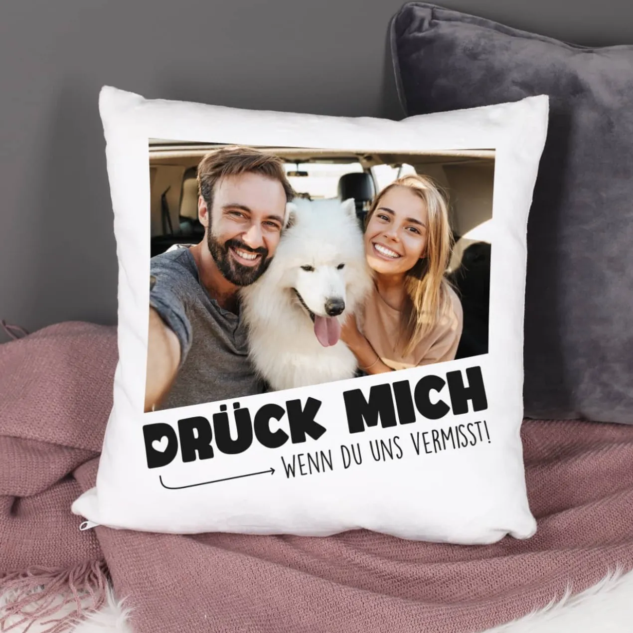 Drück mich - Kuschelkissen mit Fotoaufdruck und Wunschtext