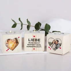 Drei Holzteelichter mit Fotoaufdruck - Liebe muss echt sein