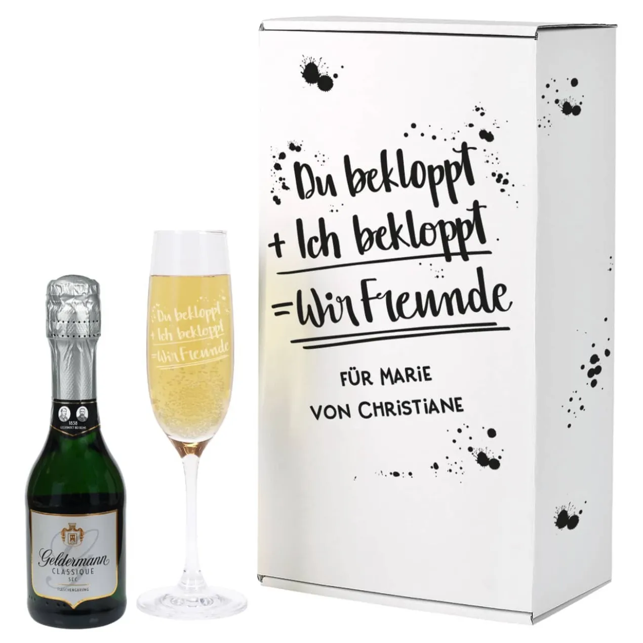 Du bekloppt, Ich bekloppt, Wir Freunde - Geschenkset mit Sekt und Sektglas | Geldermann