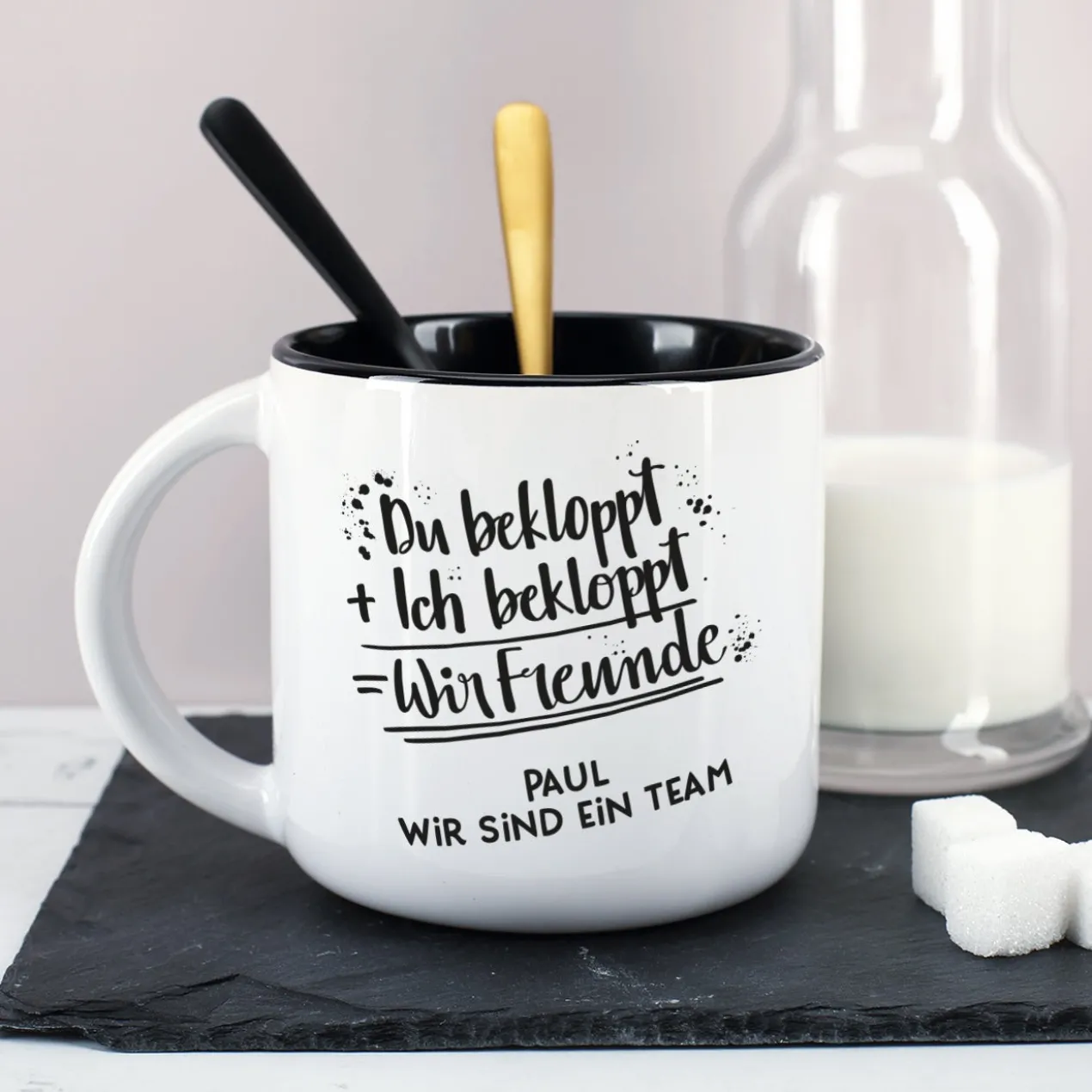 Du bekloppt, Ich bekloppt, Wir Freunde - großer Kaffeepott mit Wunschtext