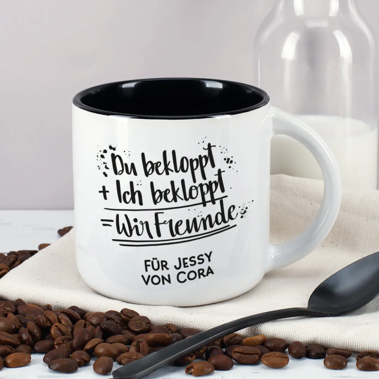Du bekloppt, Ich bekloppt, Wir Freunde - großer Kaffeepott mit Wunschtext