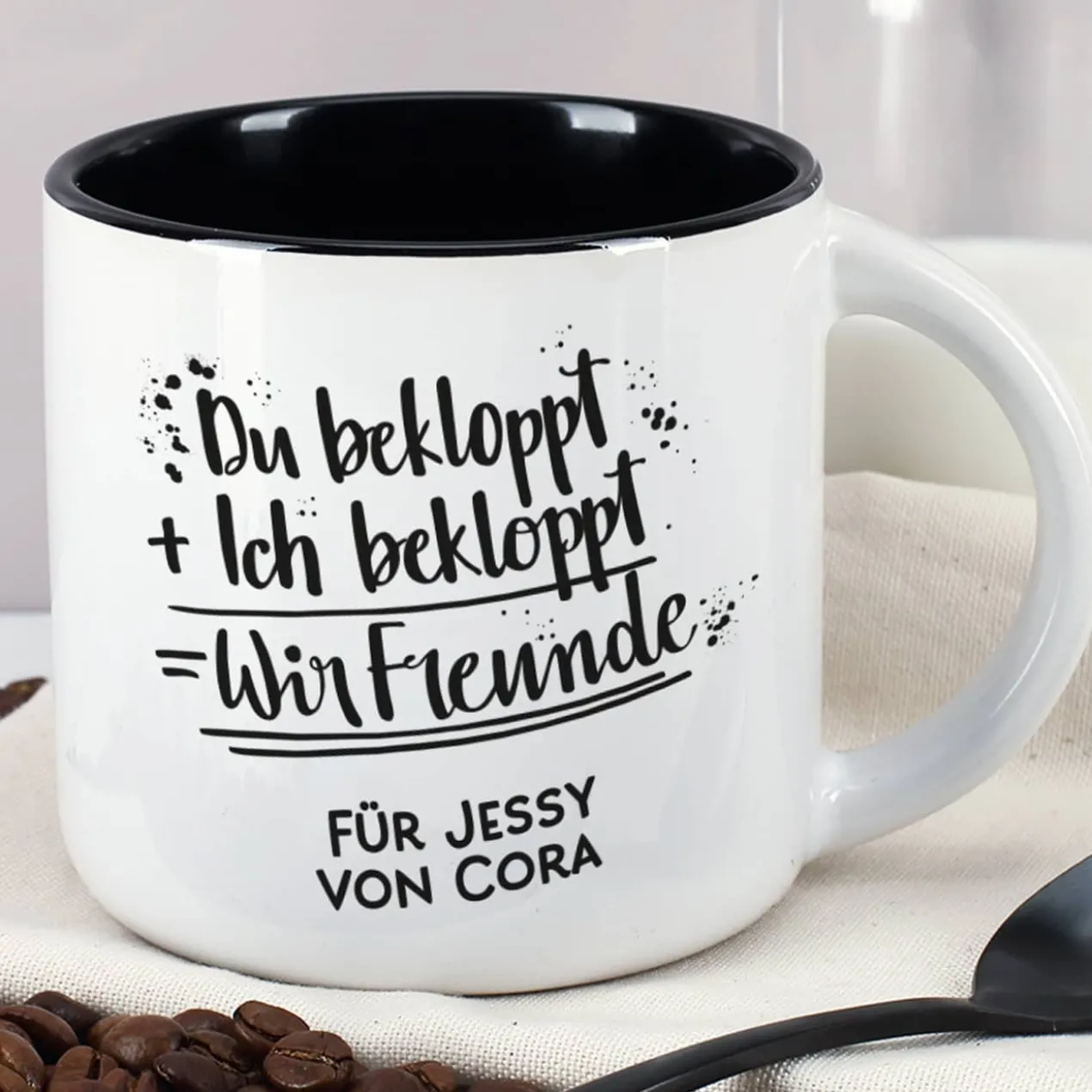 Du bekloppt, Ich bekloppt, Wir Freunde - großer Kaffeepott mit Wunschtext