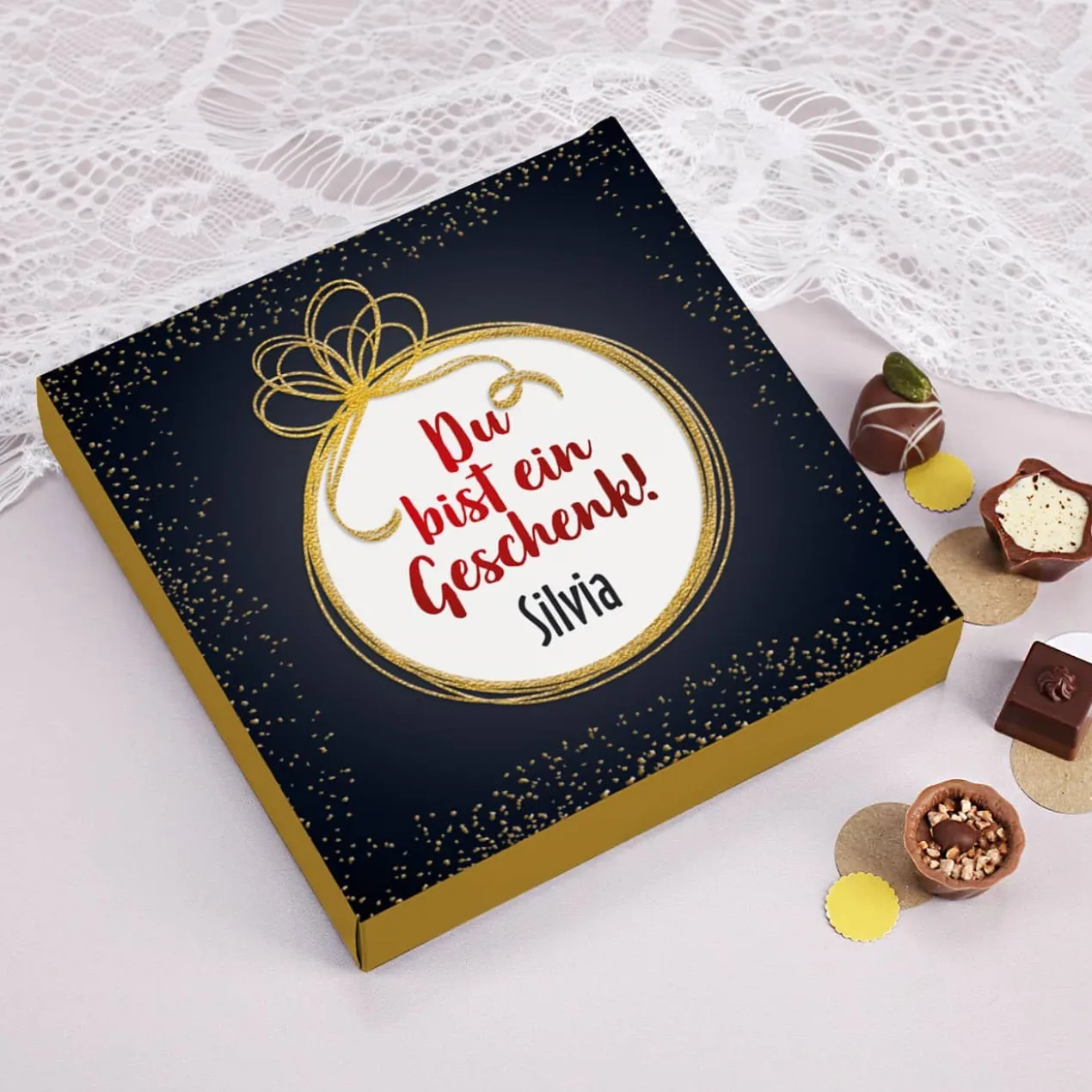 Du bist ein Geschenk - Lindt Pralinen mit Name, 100g