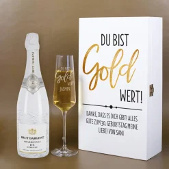 Du bist Gold wert! - Geschenkset mit Sekt, Geschenkkiste aus Holz und Sektglas
