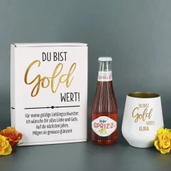 Du bist Gold wert! - Geschenkset mit graviertem Trinkglas und Käfer Sprizz
