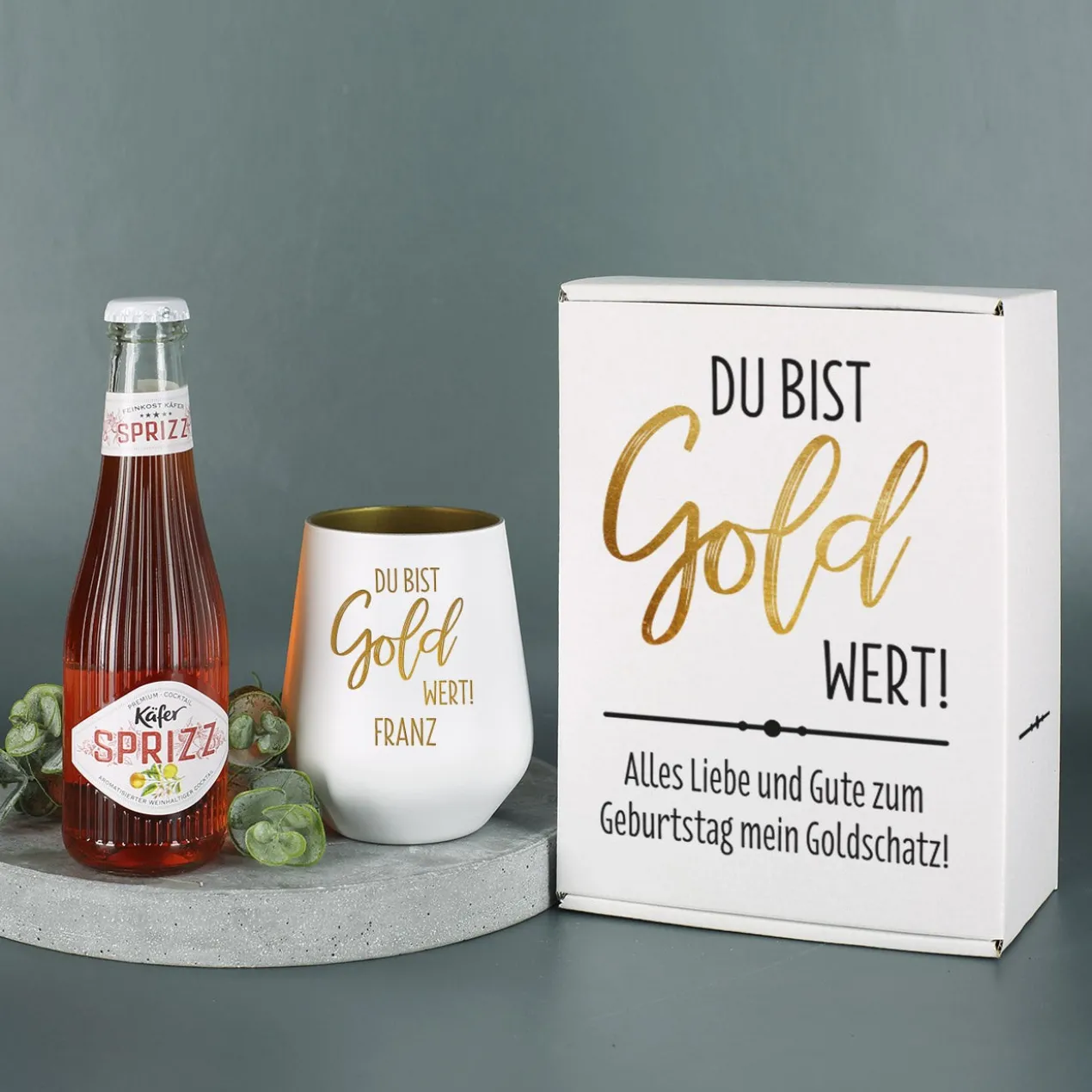 Du bist Gold wert! - Geschenkset mit graviertem Trinkglas und Käfer Sprizz