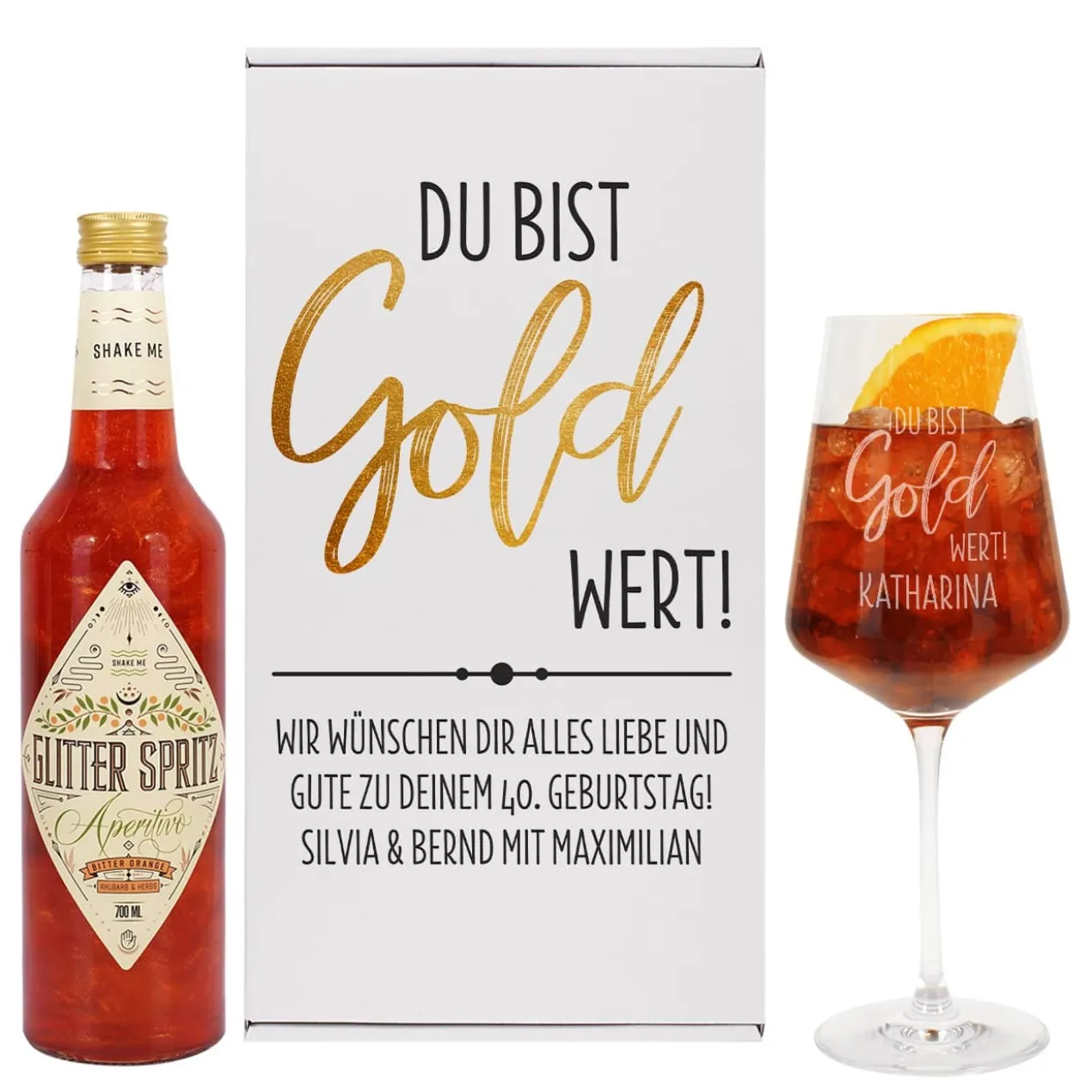 Du bist Gold wert! - Glitter Spritz Geschenkset mit Weinglas und Geschenkbox | Getränkeauswahl