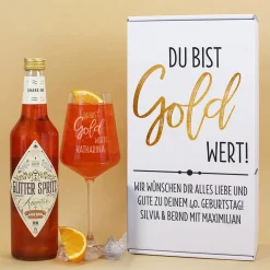 Du bist Gold wert! - Glitter Spritz Geschenkset mit Weinglas und Geschenkbox | Getränkeauswahl
