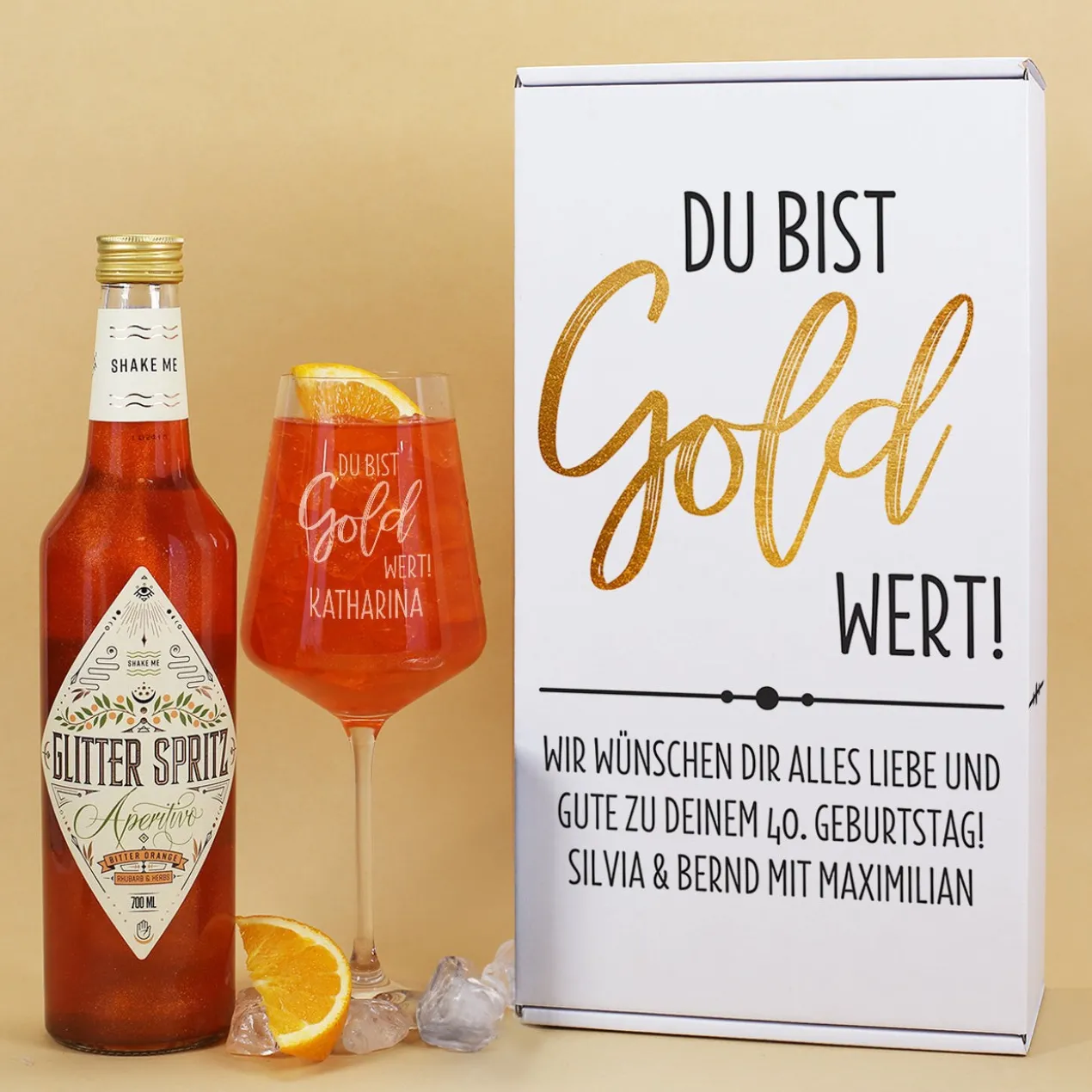 Du bist Gold wert! - Glitter Spritz Geschenkset mit Weinglas und Geschenkbox | Getränkeauswahl
