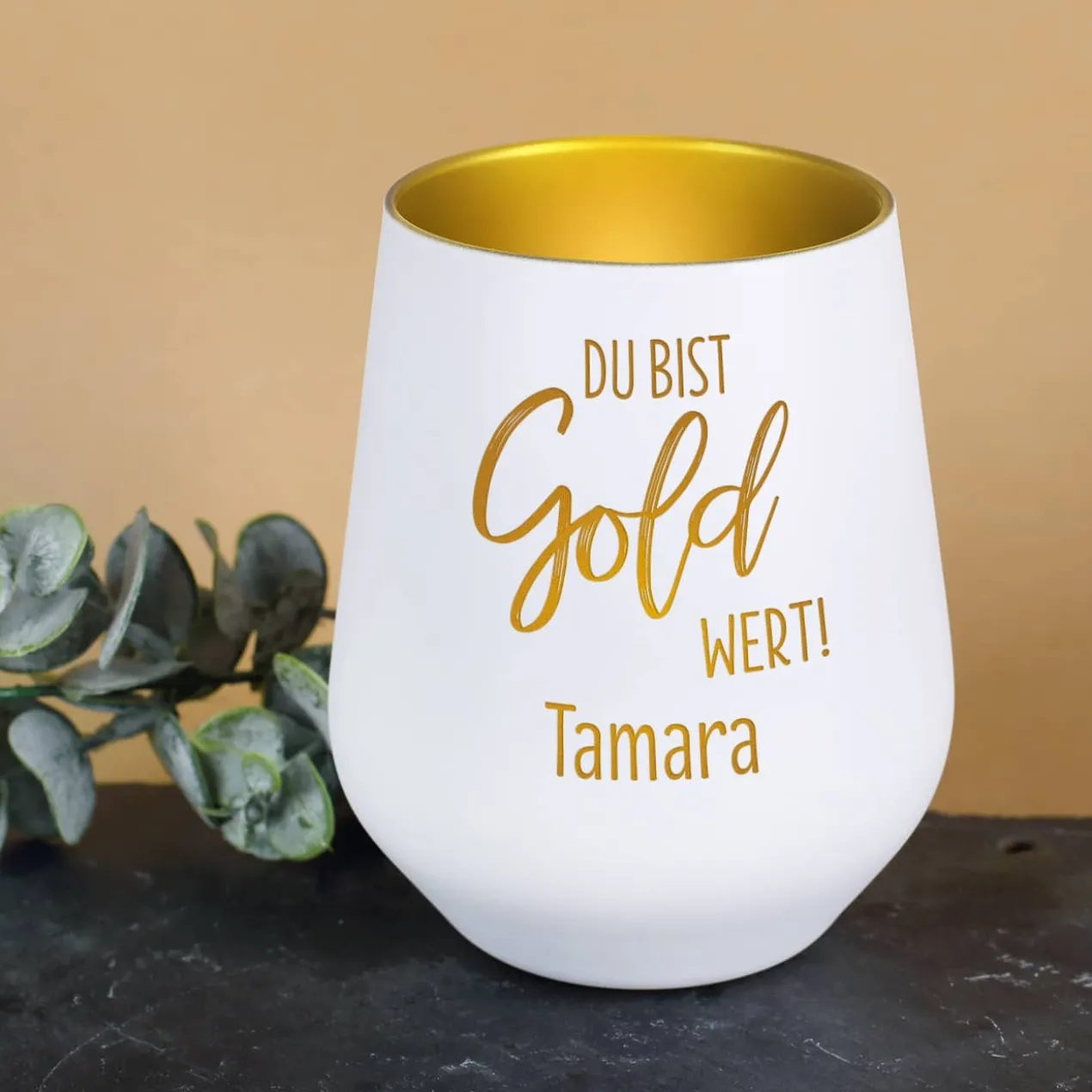 Du bist Gold wert! - Kerzenbecher in Schwarz oder Weiß mit Namensgravur