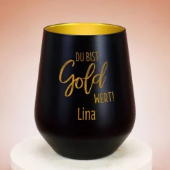 Du bist Gold wert! - Kerzenbecher in Schwarz oder Weiß mit Namensgravur