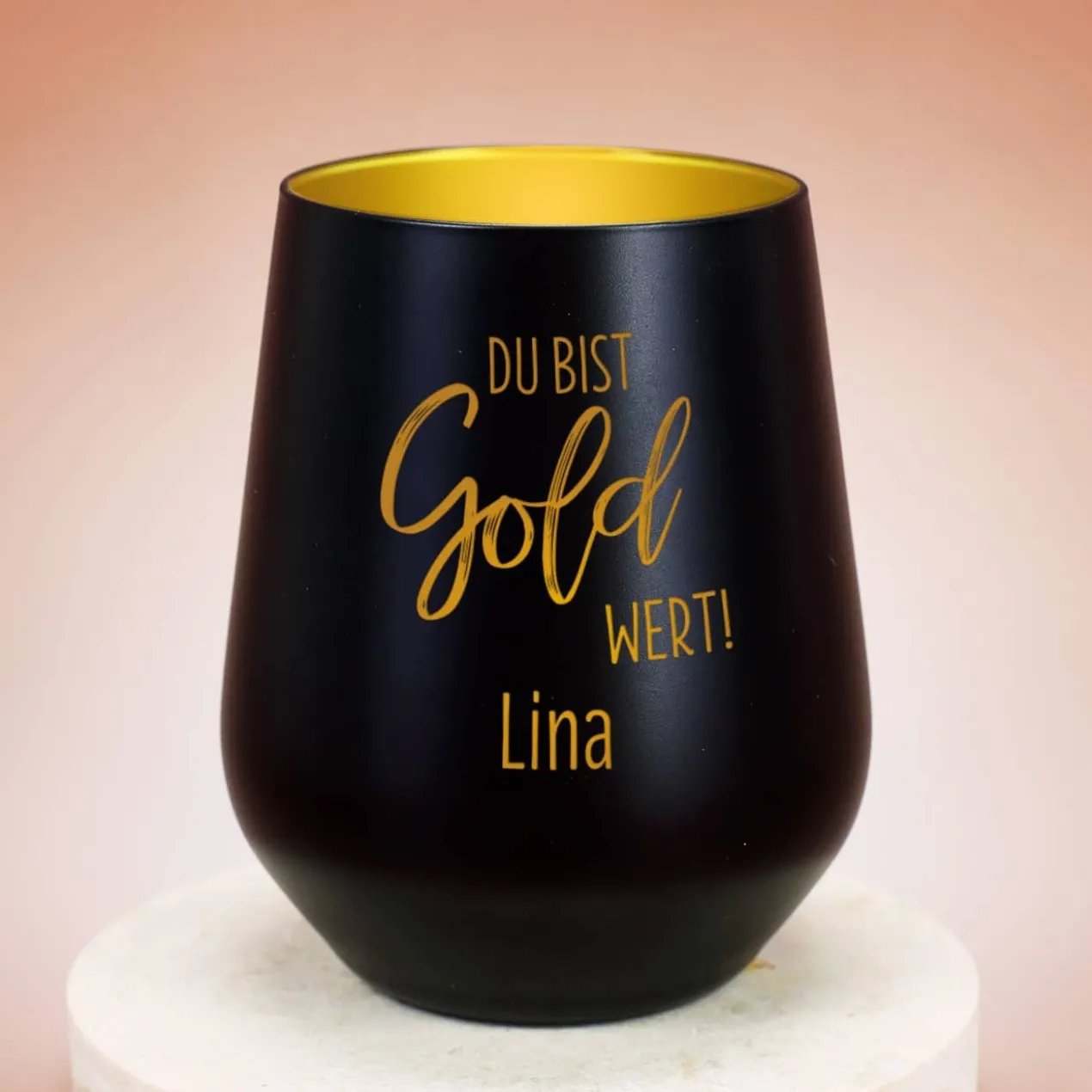 Du bist Gold wert! - Kerzenbecher in Schwarz oder Weiß mit Namensgravur
