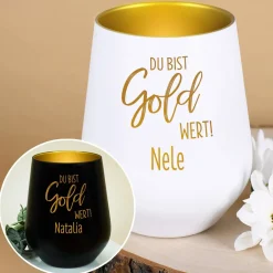 Du bist Gold wert! - Kerzenbecher in Schwarz oder Weiß mit Namensgravur