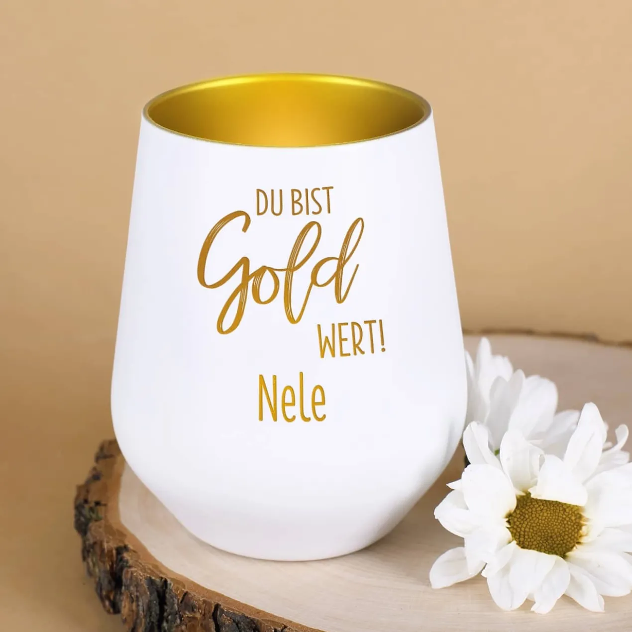 Du bist Gold wert! - Kerzenbecher in Schwarz oder Weiß mit Namensgravur