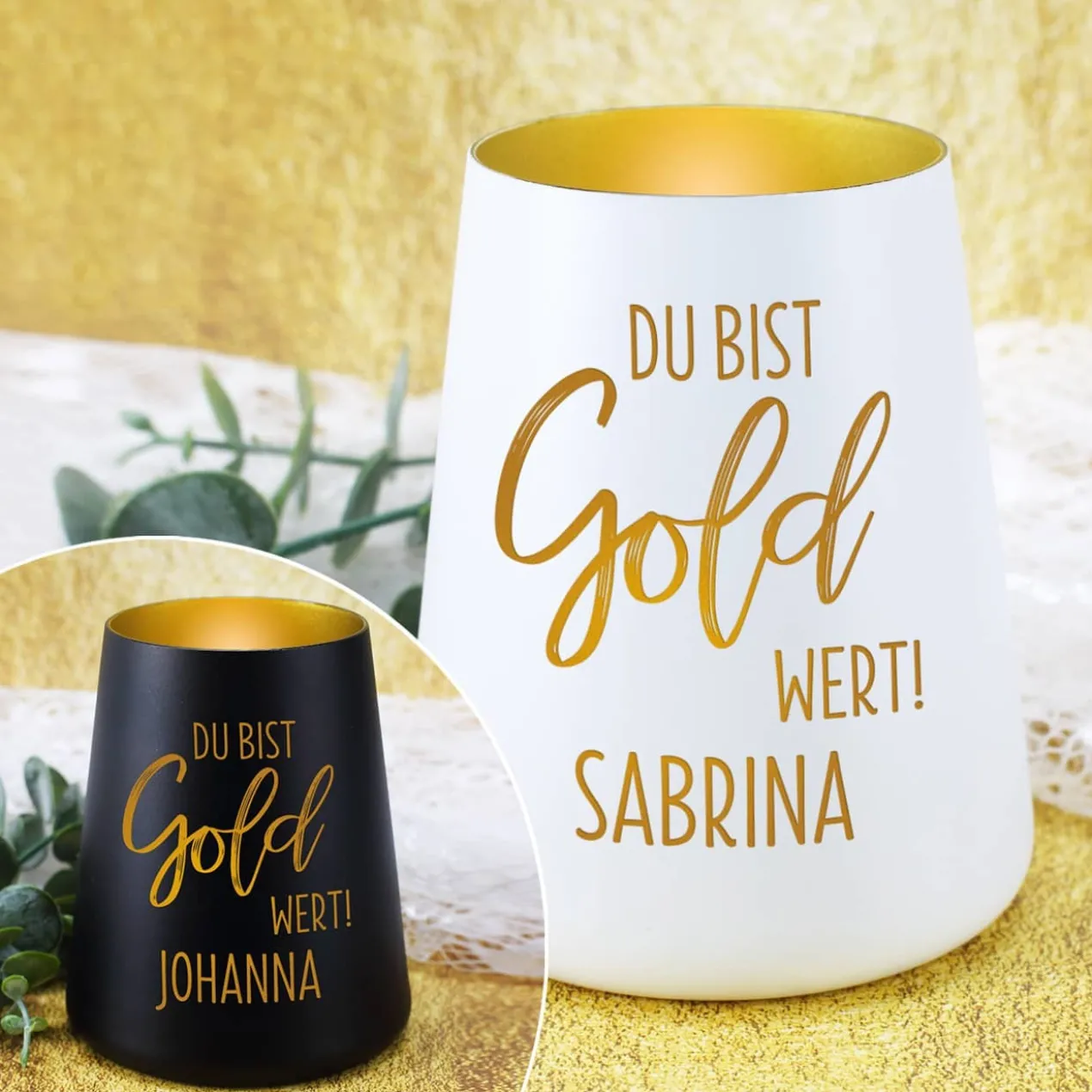 Du bist Gold wert! - Windlicht mit Namensgravur