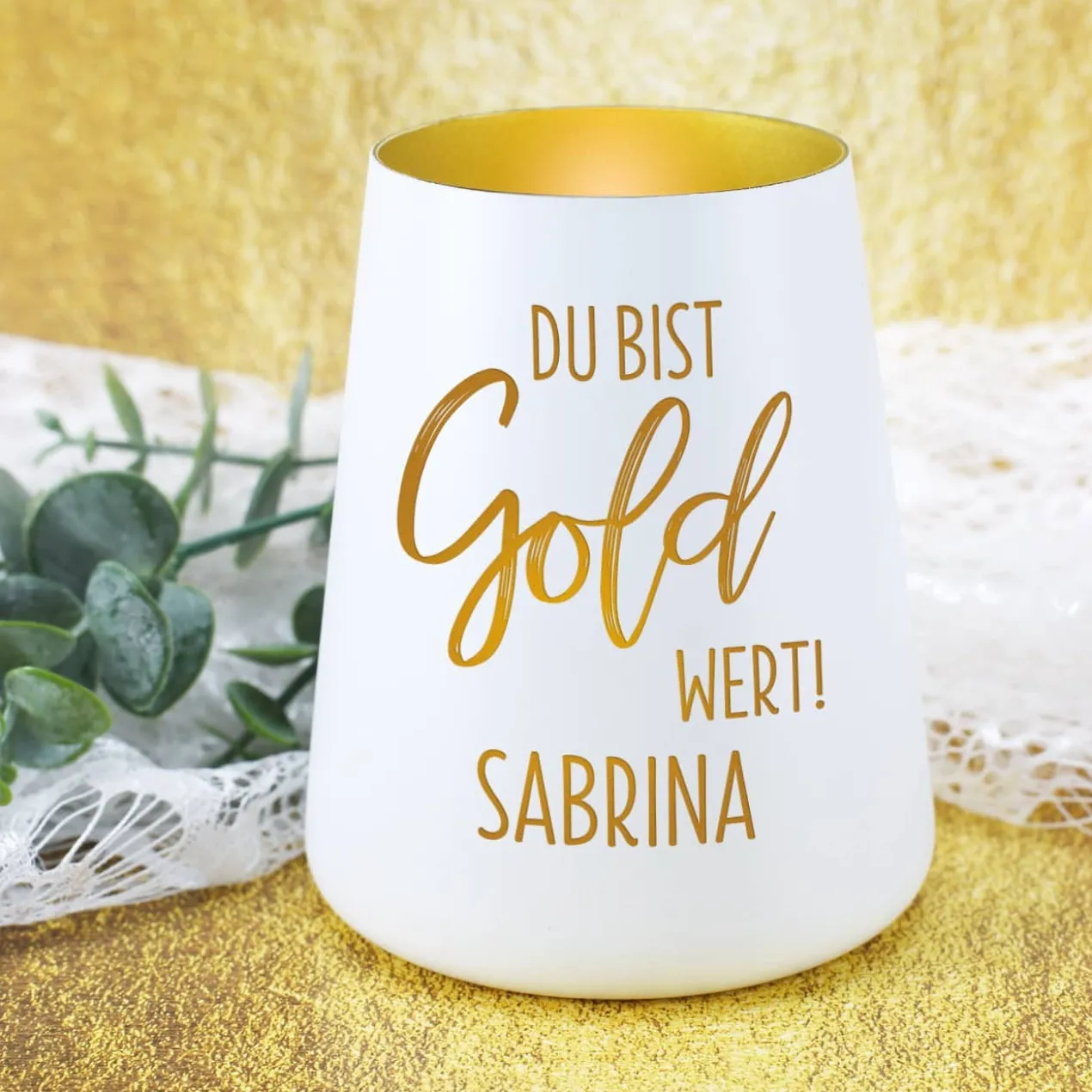 Du bist Gold wert! - Windlicht mit Namensgravur