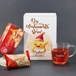 Du bist mein Weihnachtsstern! - Niedliches Geschenkset mit Stollenrigel, Teekanne Tee und Name pers