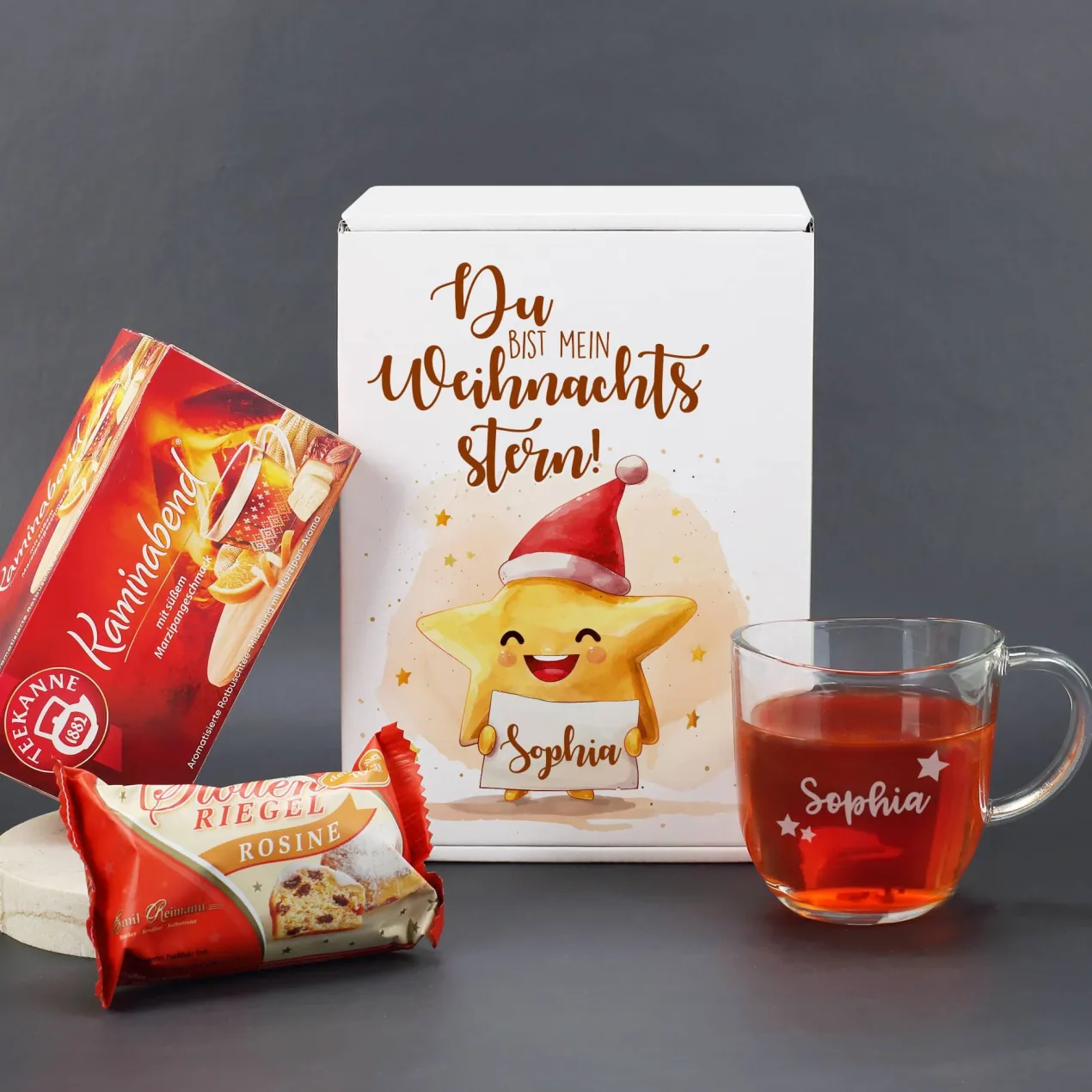 Du bist mein Weihnachtsstern! - Niedliches Geschenkset mit Stollenrigel, Teekanne Tee und Name pers