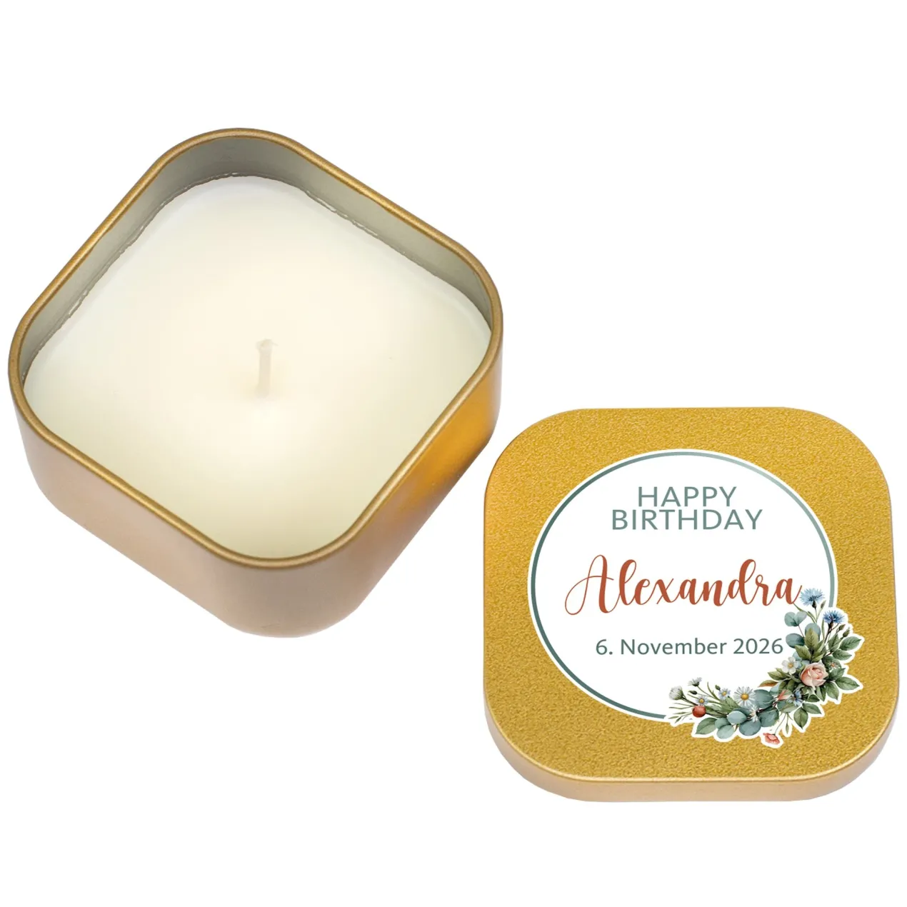 Duftkerze Happy Birthday mit Name & Wunschtext personalisiert | Geschenk zum Geburtstag mit Farbwahl