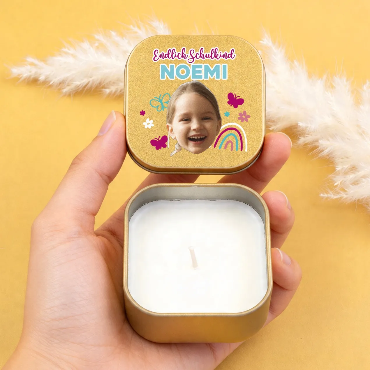 Duftkerze mit Foto, Wunschtext und Motiv personalisiert | Gastgeschenk für Geburtstag & Einschulung