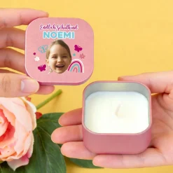 Duftkerze mit Foto, Wunschtext und Motiv personalisiert | Gastgeschenk für Geburtstag & Einschulung