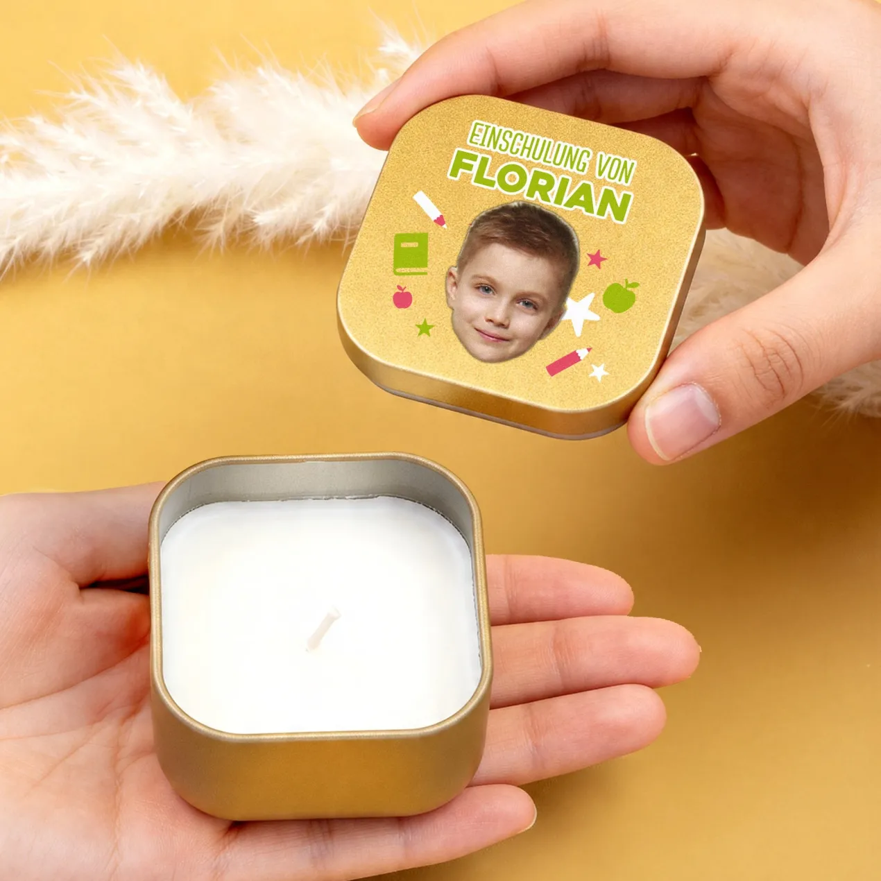 Duftkerze mit Foto, Wunschtext und Motiv personalisiert | Gastgeschenk für Geburtstag & Einschulung