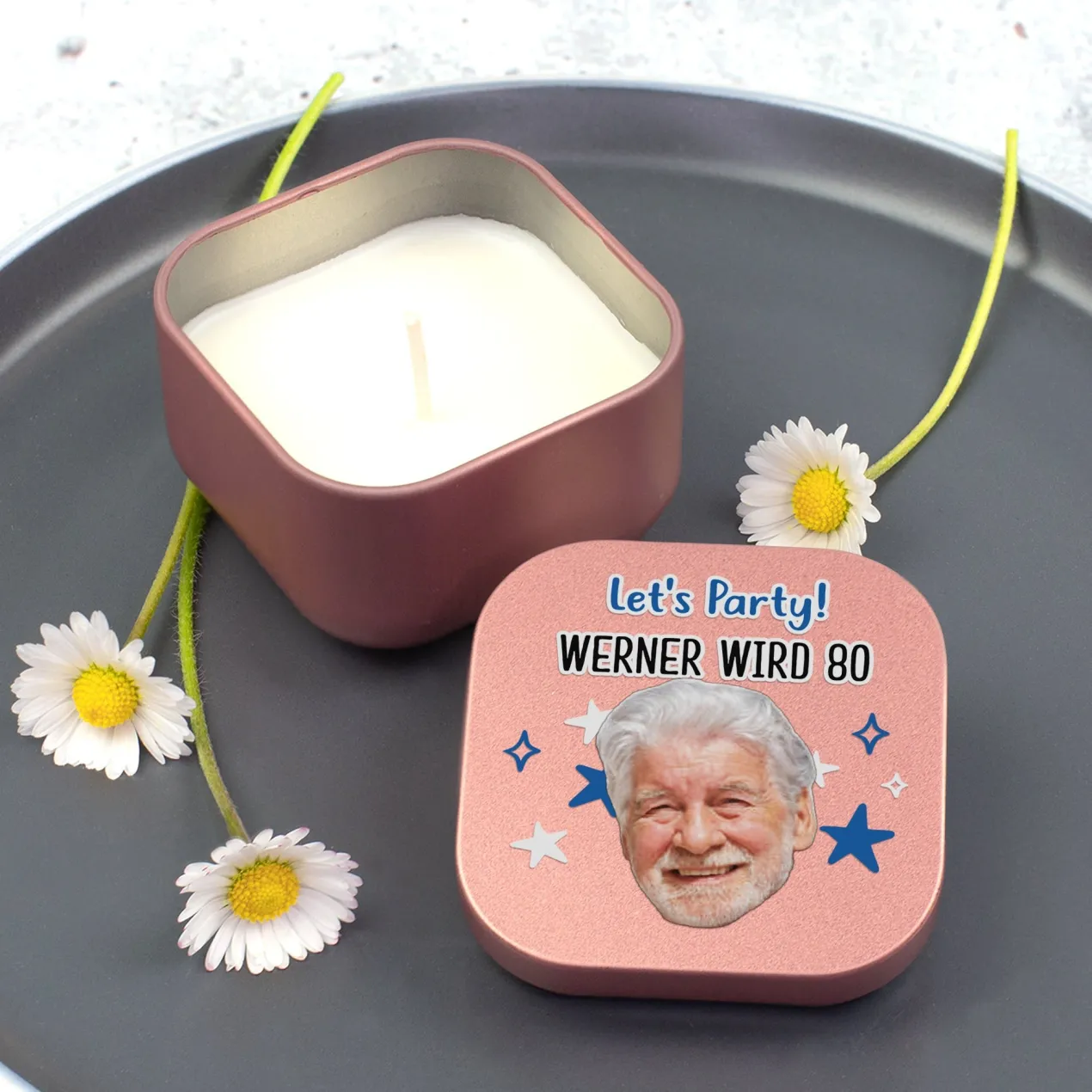 Duftkerze mit Foto, Wunschtext und Motiv personalisiert | Gastgeschenk für Geburtstag & Einschulung