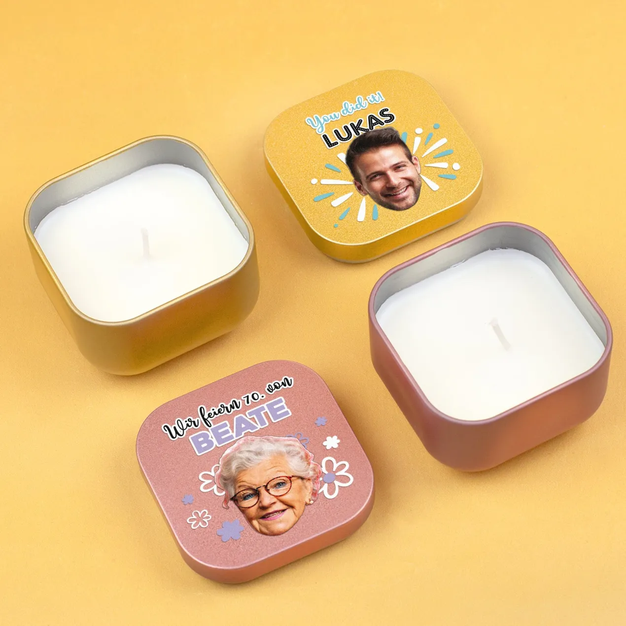 Duftkerze mit Foto, Wunschtext und Motiv personalisiert | Gastgeschenk für Geburtstag & Einschulung