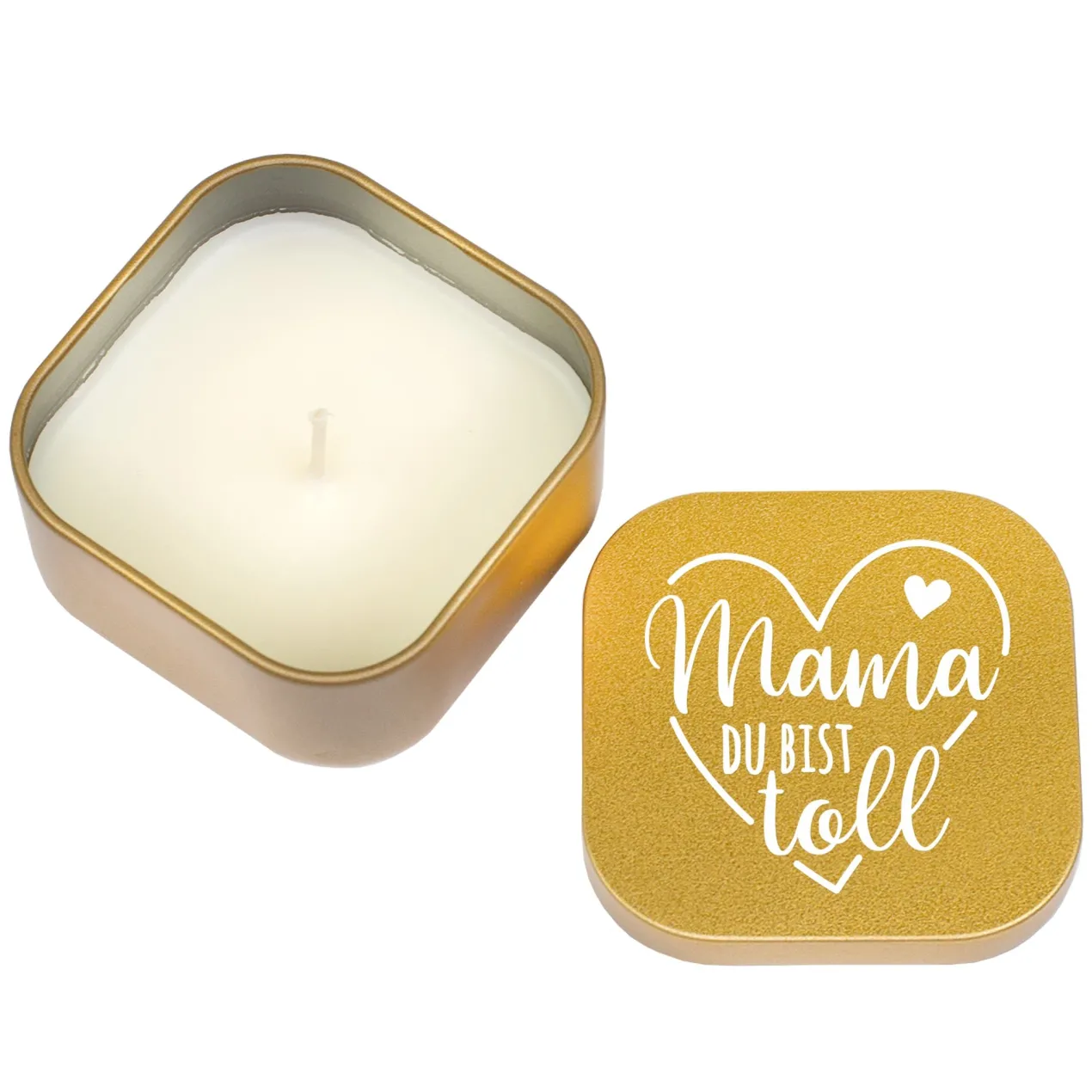 Duftkerze mit Vanilleduft als Geschenk zum Muttertag mit Herz in Gold oder Rosé | Mama du bist toll
