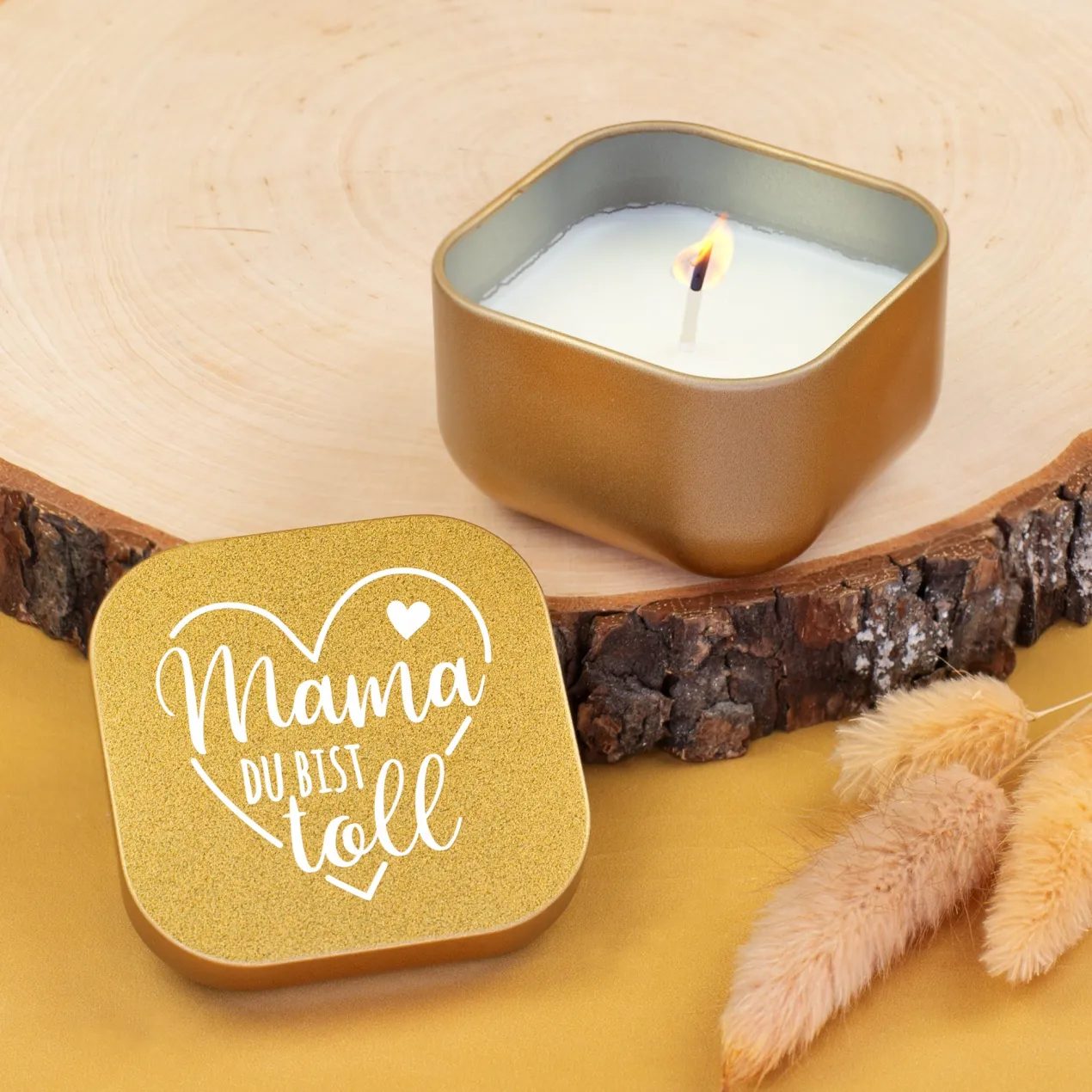 Duftkerze mit Vanilleduft als Geschenk zum Muttertag mit Herz in Gold oder Rosé | Mama du bist toll