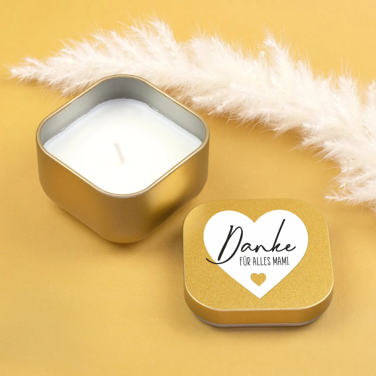 Duftkerze mit Vanilleduft als personalisiertes Dankeschön Geschenk mit Herz in Gold oder Rosé