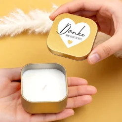 Duftkerze mit Vanilleduft als personalisiertes Dankeschön Geschenk mit Herz in Gold oder Rosé
