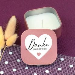Duftkerze mit Vanilleduft als personalisiertes Dankeschön Geschenk mit Herz in Gold oder Rosé