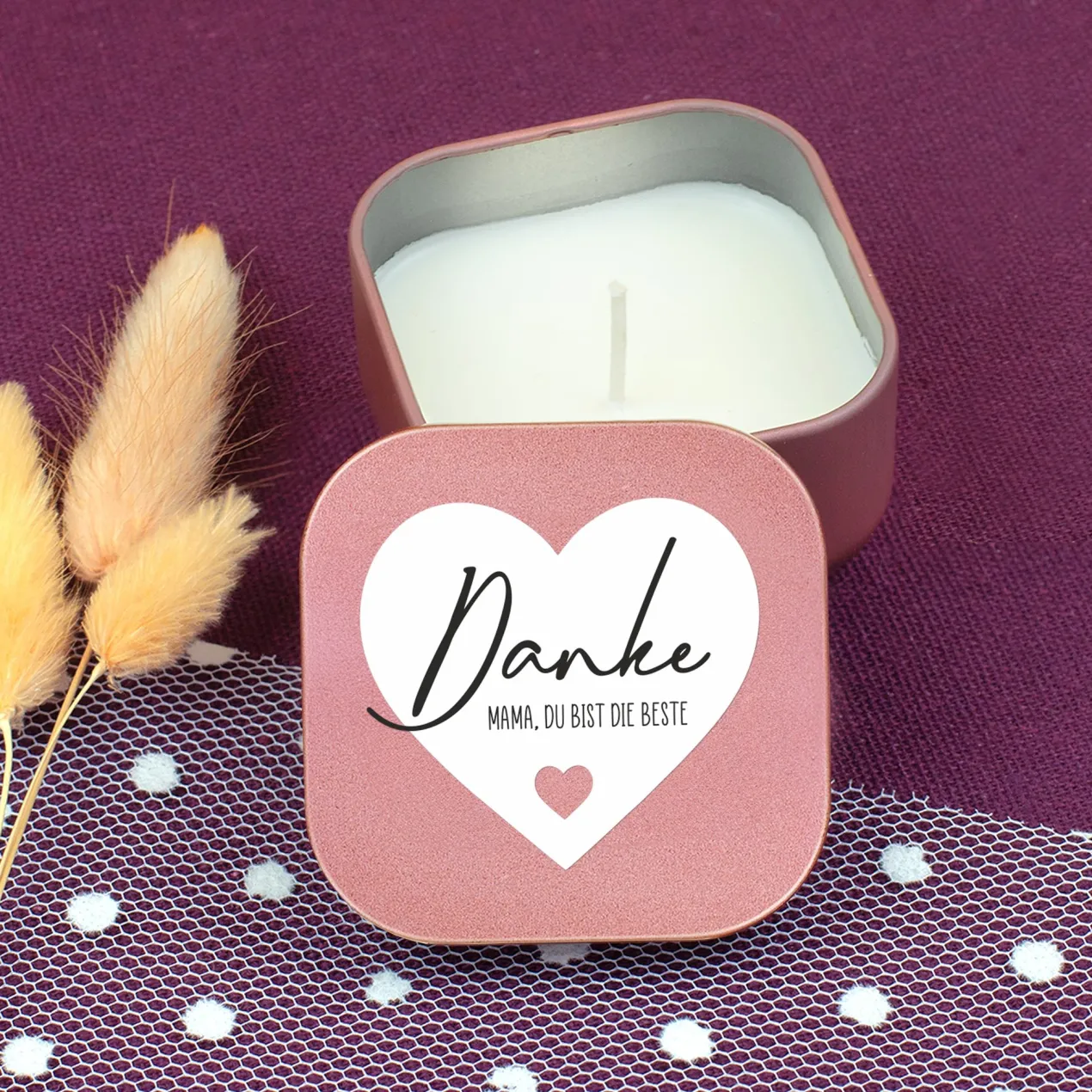 Duftkerze mit Vanilleduft als personalisiertes Dankeschön Geschenk mit Herz in Gold oder Rosé