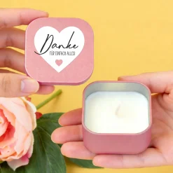 Duftkerze mit Vanilleduft als personalisiertes Dankeschön Geschenk mit Herz in Gold oder Rosé