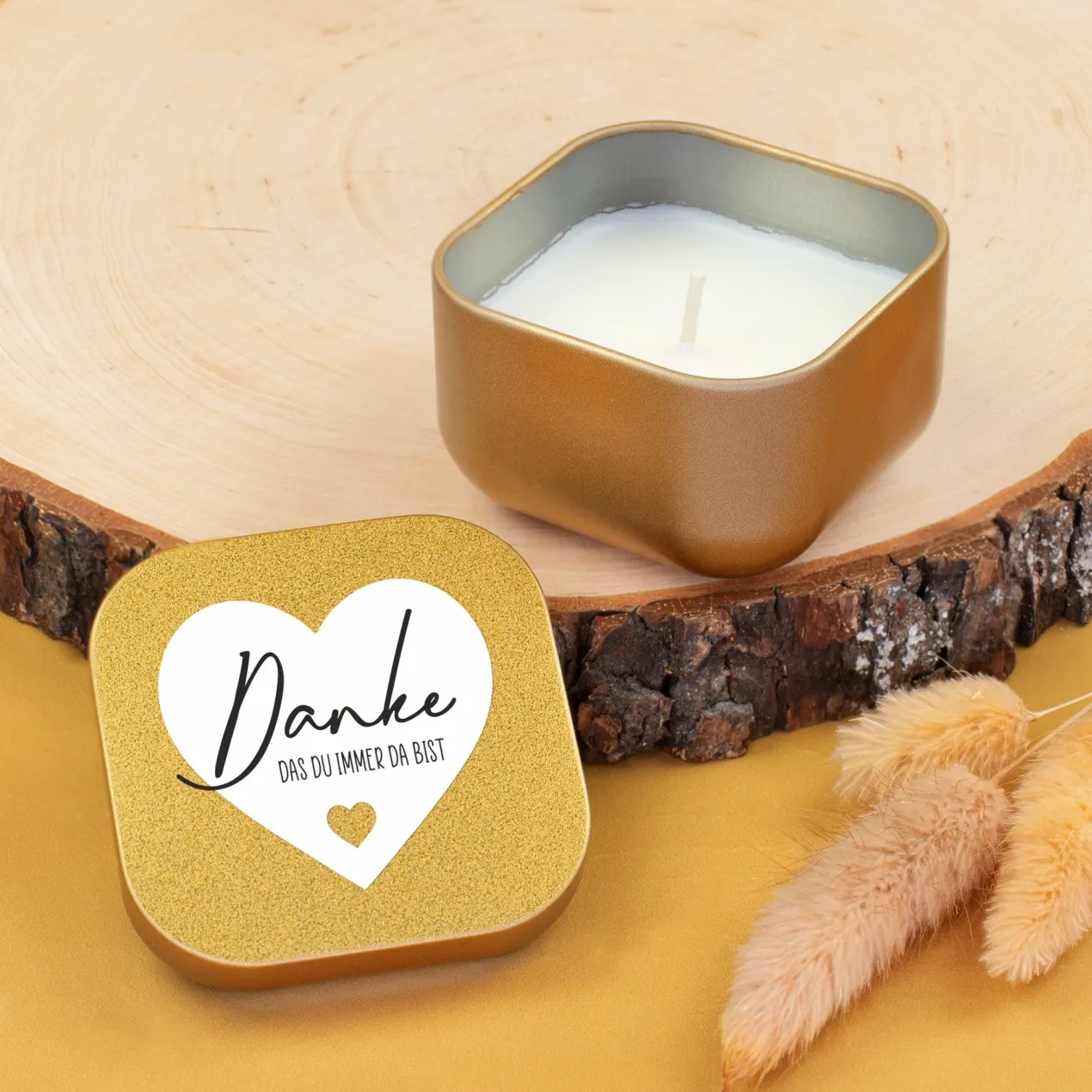 Duftkerze mit Vanilleduft als personalisiertes Dankeschön Geschenk mit Herz in Gold oder Rosé