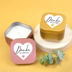 Duftkerze mit Vanilleduft als personalisiertes Dankeschön Geschenk mit Herz in Gold oder Rosé