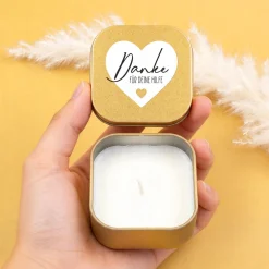 Duftkerze mit Vanilleduft als personalisiertes Dankeschön Geschenk mit Herz in Gold oder Rosé