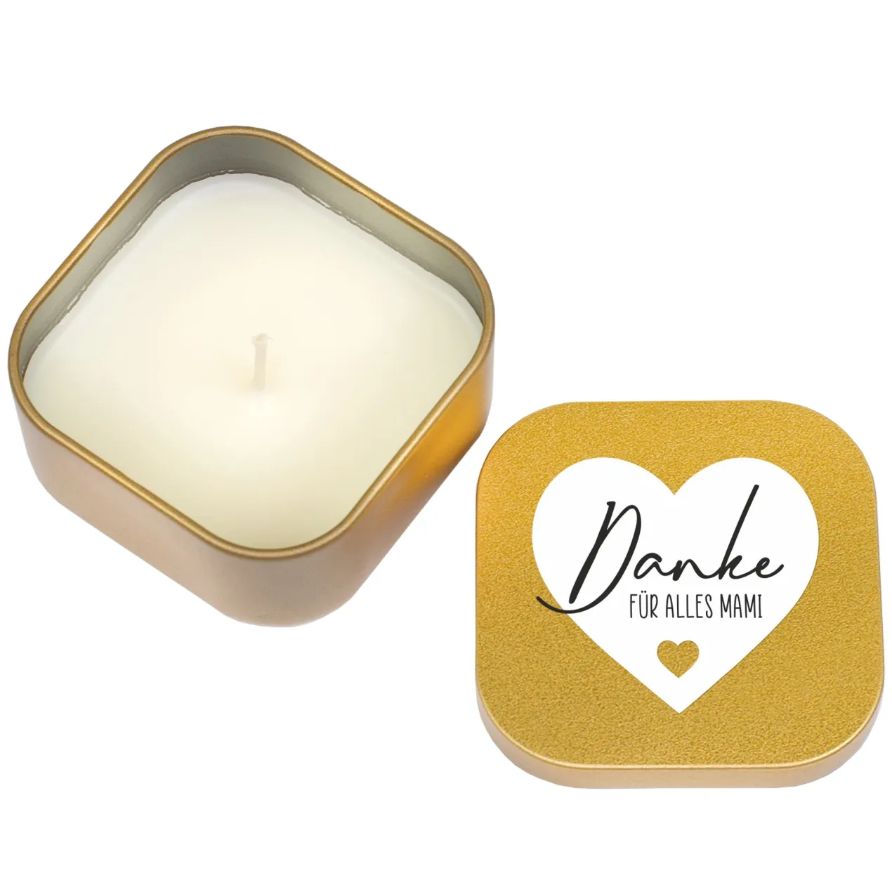 Duftkerze mit Vanilleduft als personalisiertes Dankeschön Geschenk mit Herz in Gold oder Rosé