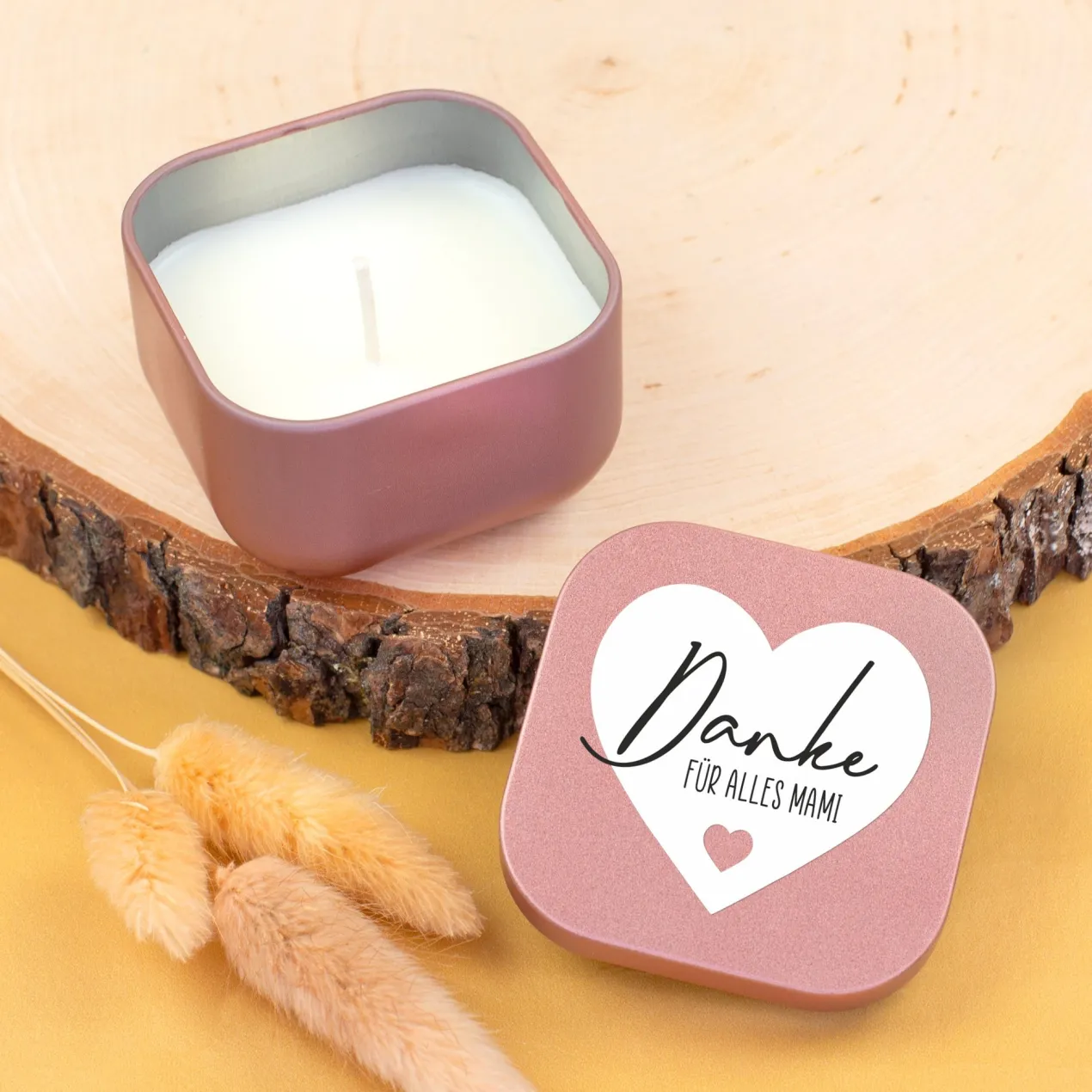 Duftkerze mit Vanilleduft als personalisiertes Dankeschön Geschenk mit Herz in Gold oder Rosé