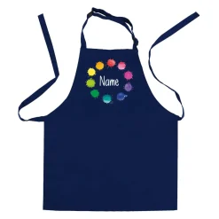 Dunkelblaue Kinderschürze mit Namensaufdruck und Farbklecks-Motiv