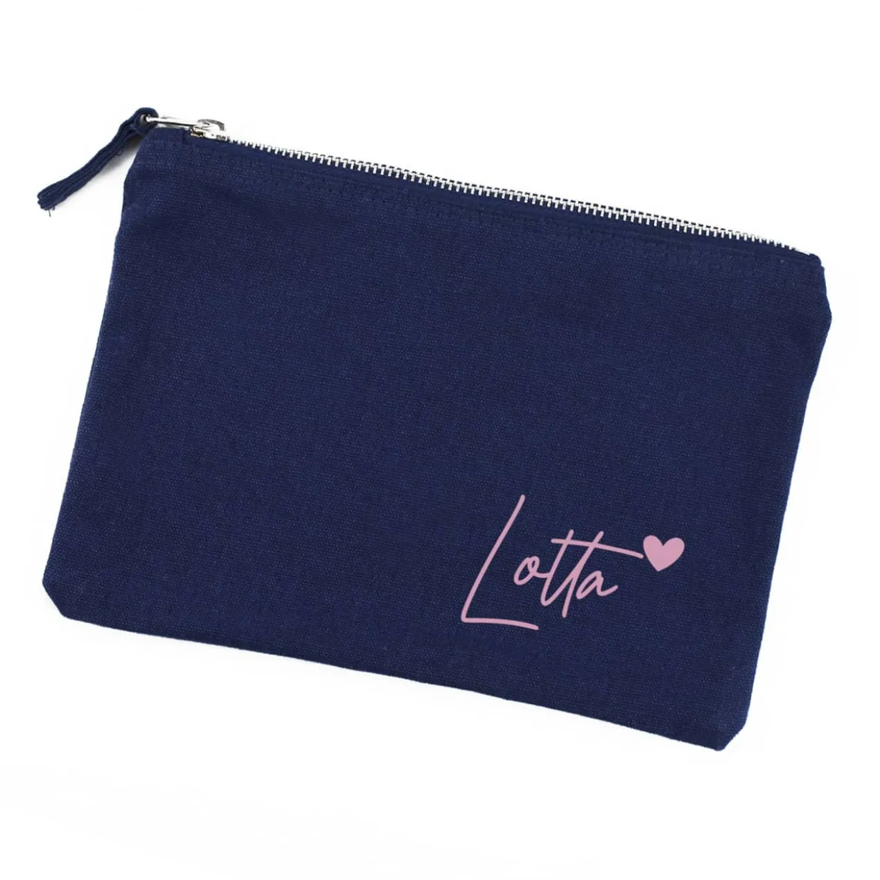 Dunkelblaue Kosmetiktasche mit Name und Herz