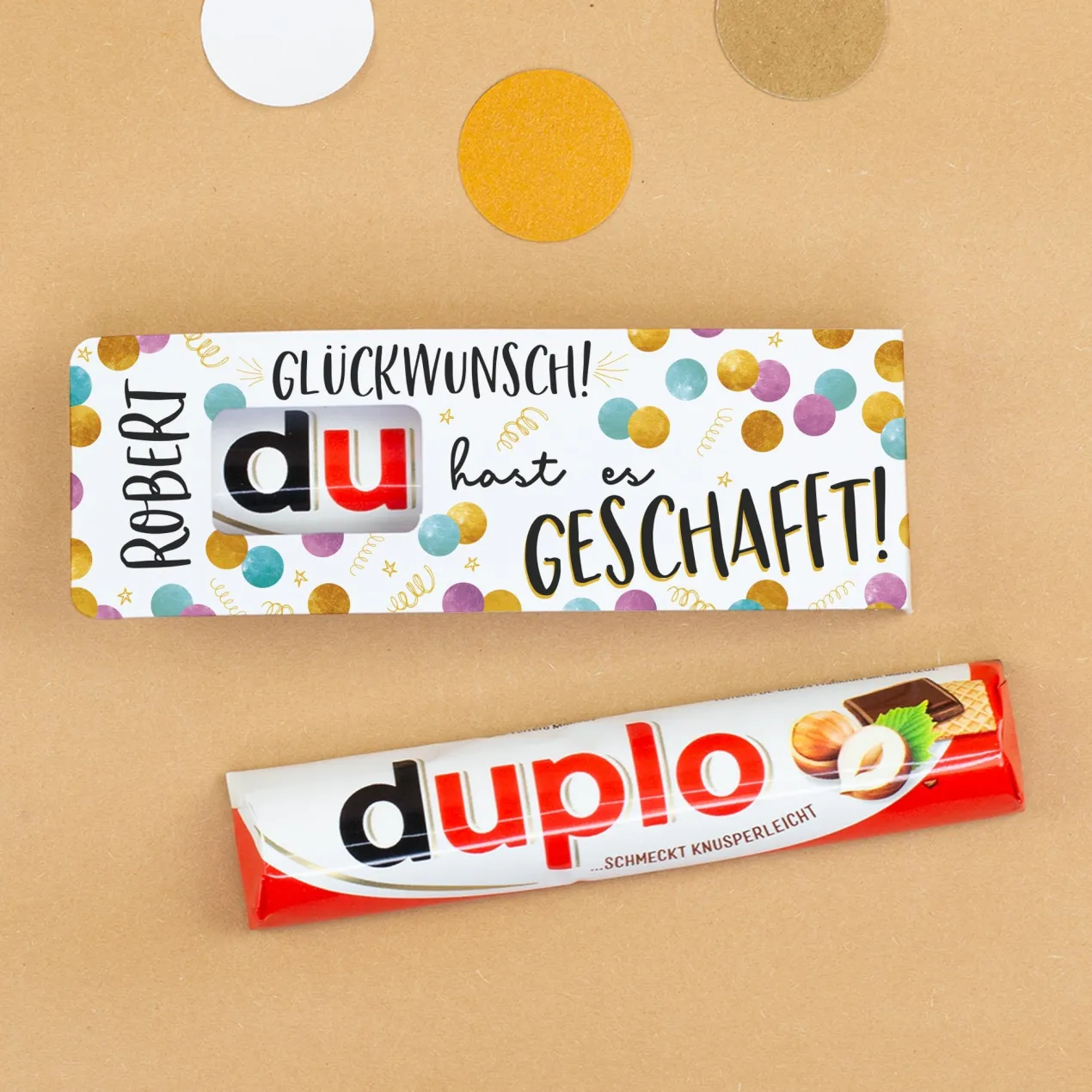 duplo Schoko Riegel 'Glückwunsch' personalisiert mit Name | Geschenk für Abi, Prüfung & Führerschein