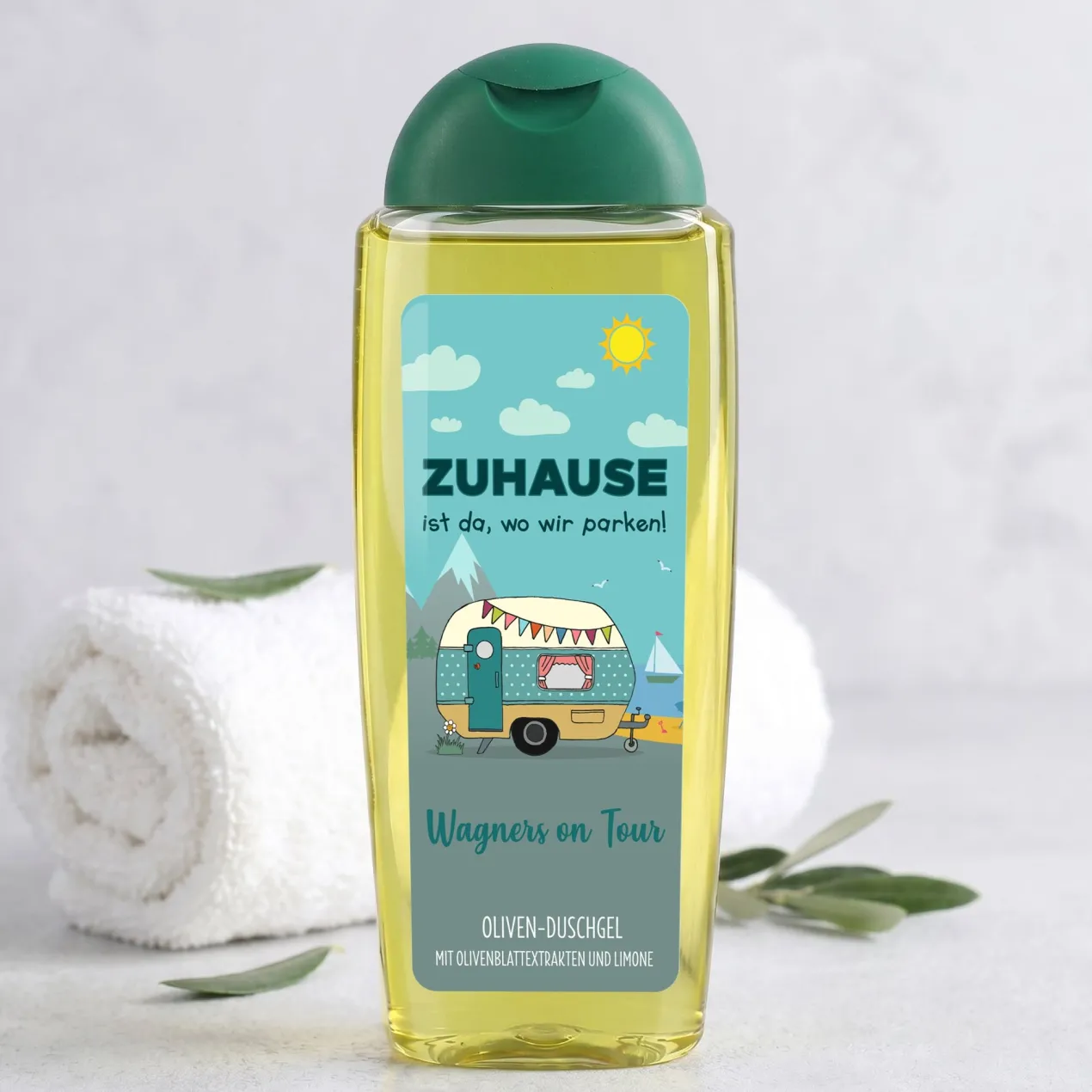 Duschgel mit Wohnwagen Motiv & Wunschtext personalisiert | Geschenk für Camping Fans und Urlaub
