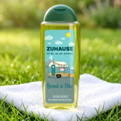 Duschgel mit Wohnwagen Motiv & Wunschtext personalisiert | Geschenk für Camping Fans und Urlaub