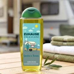 Duschgel mit Wohnwagen Motiv & Wunschtext personalisiert | Geschenk für Camping Fans und Urlaub