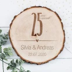 Echtholz Baumscheibe mit Gravur zur Silberhochzeit